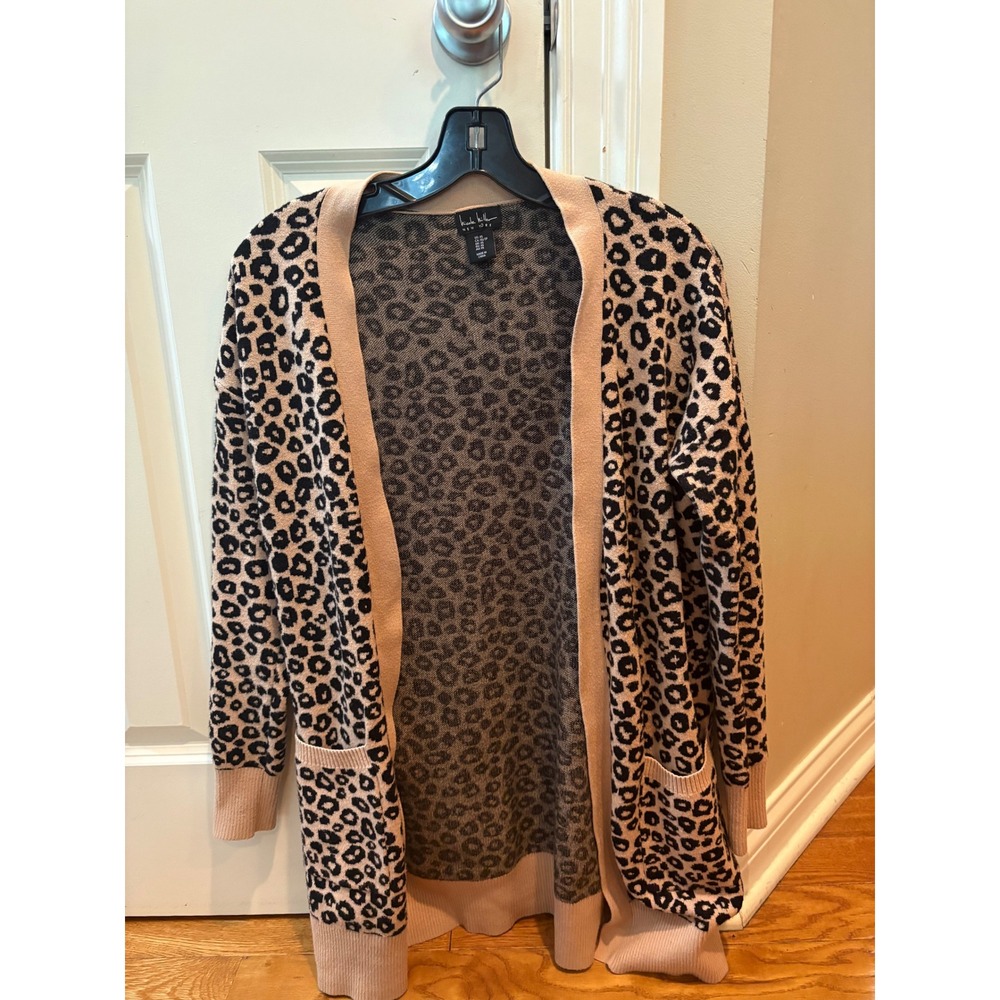 Nicole Miller New York Leopard Print Open Front Cardigan Tan Black XS Longline